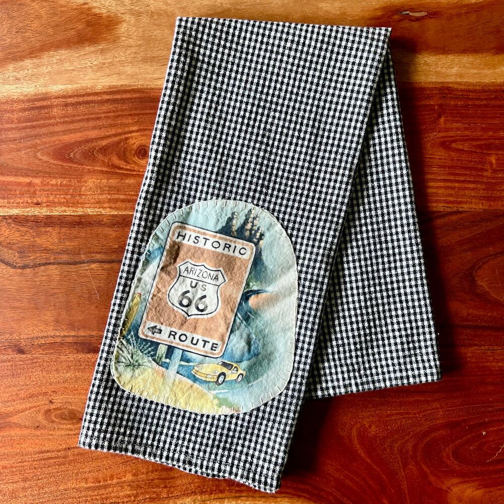 Route 66 Applique Cotton Tea Towel Gingham Farmhouse Decor Framable Art Gift